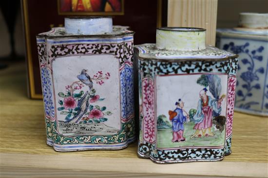 Two Chinese enamel tea caddies and three porcelain caddies largest 11cm